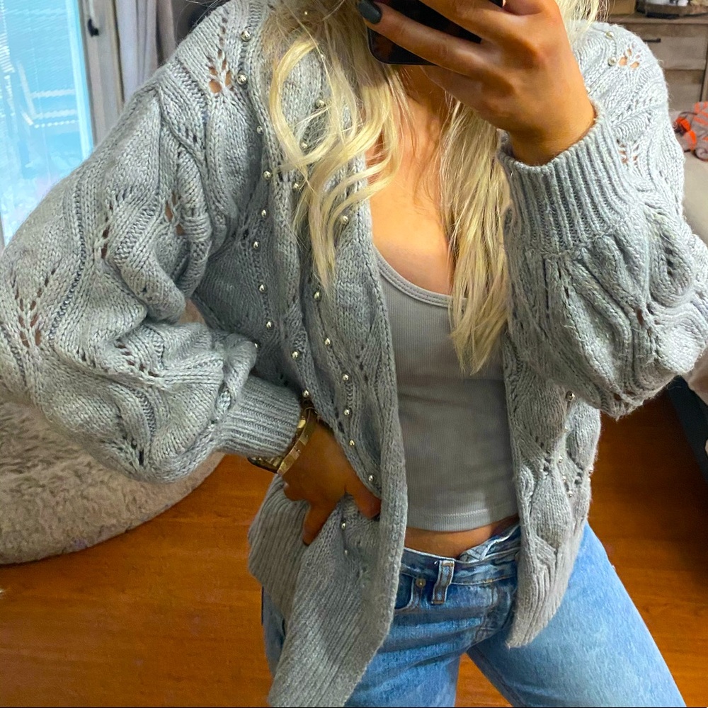 A New Day Pointelle Gray Studded Open Cardigan-Xs, xsmall
